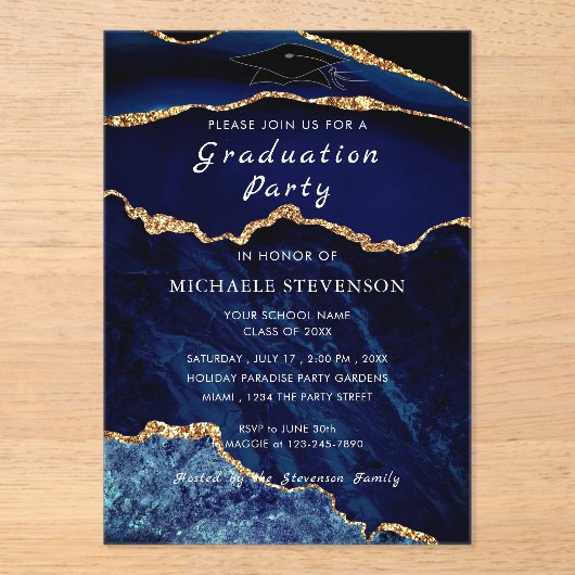 Navy Blue Gold Marble Afstuderen Invitation Acryl Uitnodigingen (Voorkant)