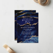 Navy Blue Gold Marble Afstuderen Invitation Notitiekaartje (Voorkant / Achterkant in situ)