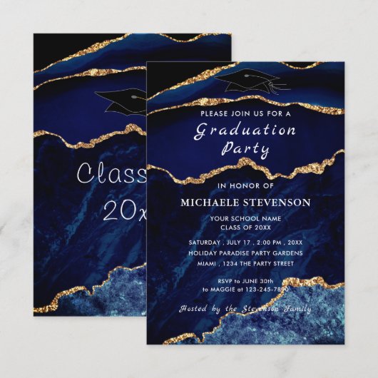 Navy Blue Gold Marble Afstuderen Invitation Notitiekaartje (Voorkant / Achterkant)