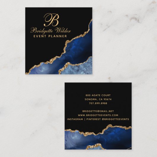 Navy Blue Gold Marble Agate Event Planner Vierkante Visitekaartje (Voorkant / Achterkant)