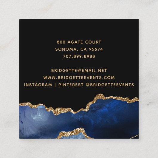 Navy Blue Gold Marble Agate Event Planner Vierkante Visitekaartje (Achterkant)