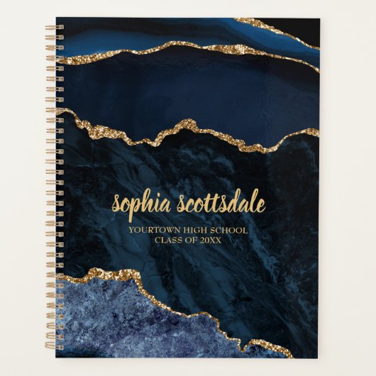 Navy Blue Gold Marble Agate Name Planner (Voorkant)