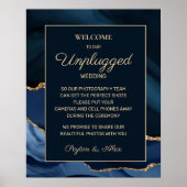 Navy Blue Gold Marble Agate Unplugged Wedding Poster (Voorkant)