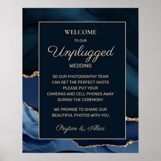 Navy Blue Gold Marble Agate Unplugged Wedding Poster (Voorkant)