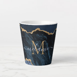Navy Blue Gold Marble Custom Letter Naam Latte Mok