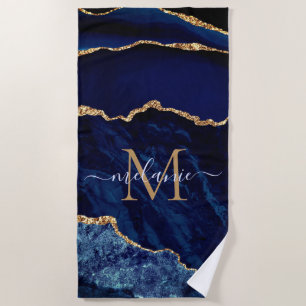 Navy Blue Gold Marble Jouw naam Letter Strandlaken