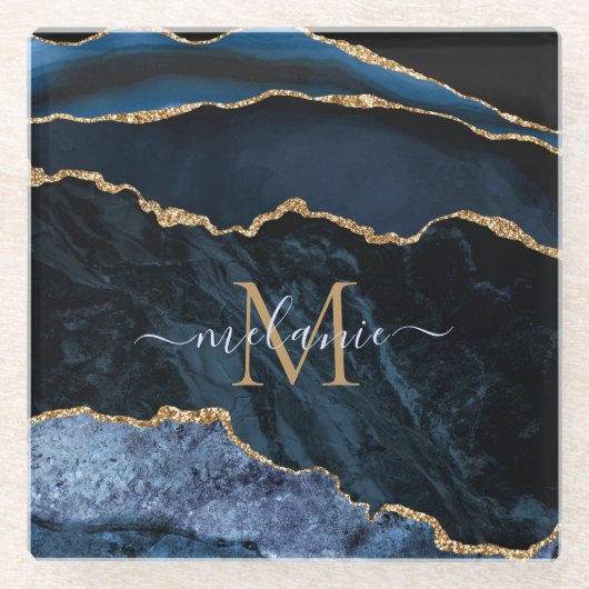 Navy Blue Gold Marble Monogram Naam Glass Onderzet Glazen Onderzetter (Voorkant)