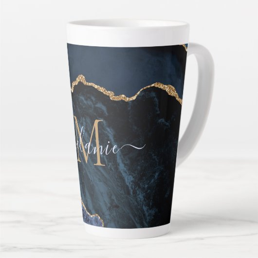Navy Blue Gold Marble Monogram Naam Latte Mok (Rechterhoek)