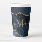 Navy Blue Gold Marble Monogram Naam Latte Mok (Voorkant)