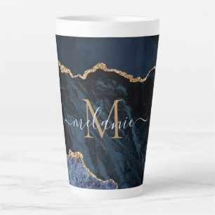 Navy Blue Gold Marble Monogram Naam Latte Mok