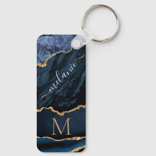 Navy Blue Gold Marble Monogram Naam Sleutelhanger (Achterkant)