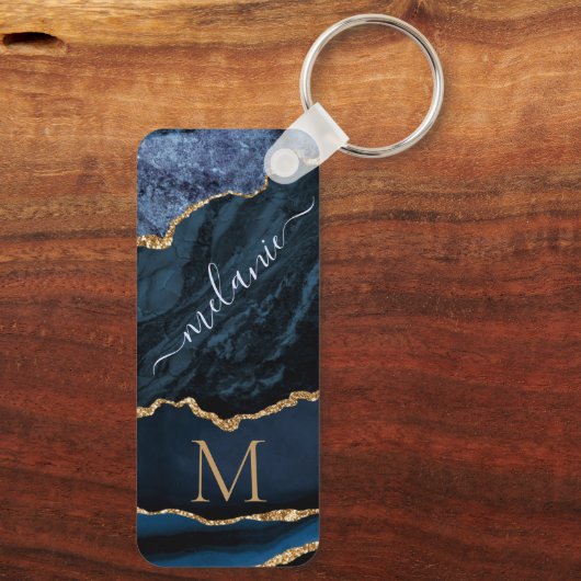 Navy Blue Gold Marble Monogram Naam Sleutelhanger (Achterkant)