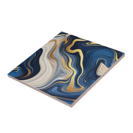 Navy Blue Gold Marble Swirls Tegeltje (Zijkant)