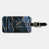 Navy Blue Gold Marble Uw Letter Naam Bagagelabel (Voorkant horizontaal)