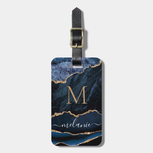 Navy Blue Gold Marble Uw Letter Naam Bagagelabel (Voorkant verticaal)