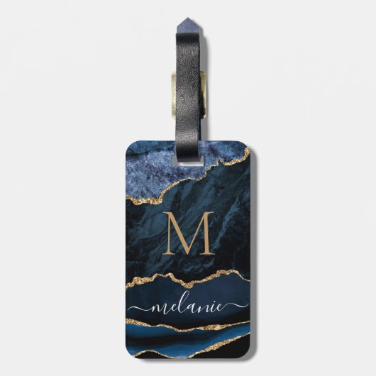 Navy Blue Gold Marble Uw Letter Naam Bagagelabel (Achterkant verticaal)