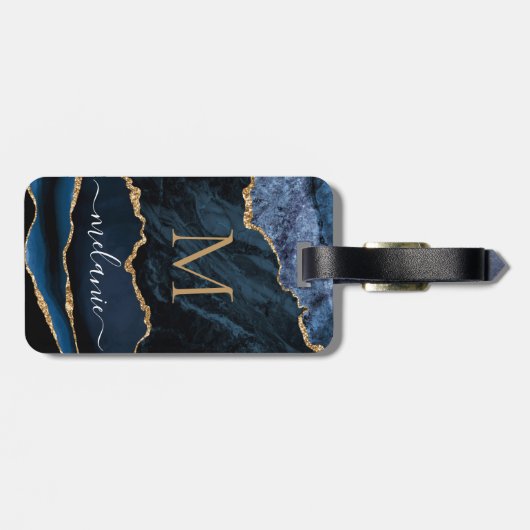 Navy Blue Gold Marble Uw Letter Naam Bagagelabel (Achterkant horizontaal)