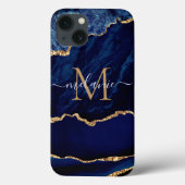 Navy Blue Gold Marble Uw Letter Naam iPhone Case (Achterkant)