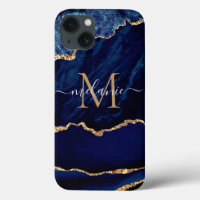 Navy Blue Gold Marble Uw Letter Naam iPhone Case