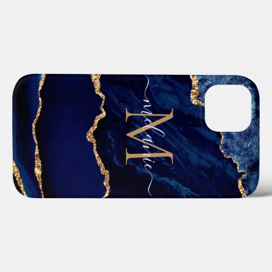 Navy Blue Gold Marble Uw Letter Naam iPhone Case (Achterkant (horizontaal))