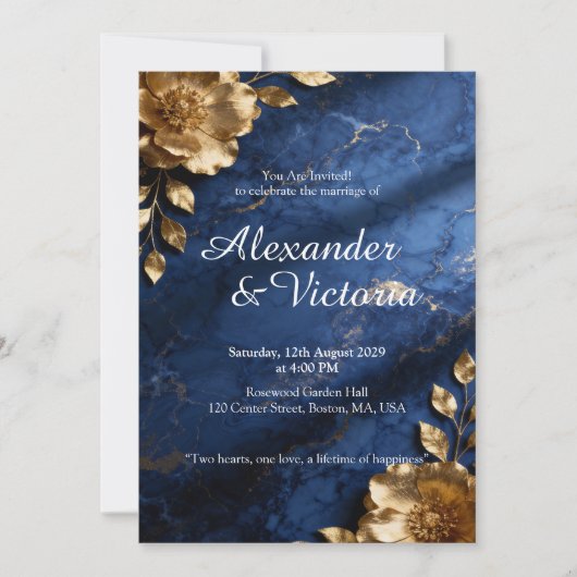 Navy Blue Gold Marble Wedding Invitation Kaart (Voorkant)