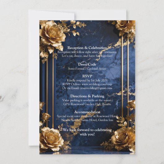 Navy Blue Gold Marble Wedding Invitation Kaart (Achterkant)
