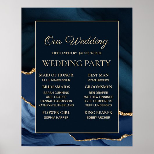 Navy Blue Gold Marble Wedding Party Poster (Voorkant)
