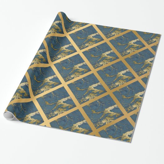 NAVY BLUE GOLD MARBLE WEDDING WRAP WRAPPORT CADEAUPAPIER (Uitgerold)