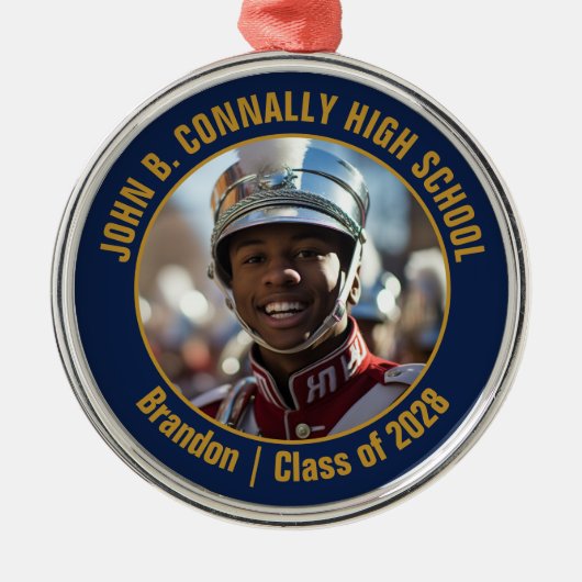 Navy Blue Gold Marching Band Photo Christmas Metalen Ornament (Voorkant)
