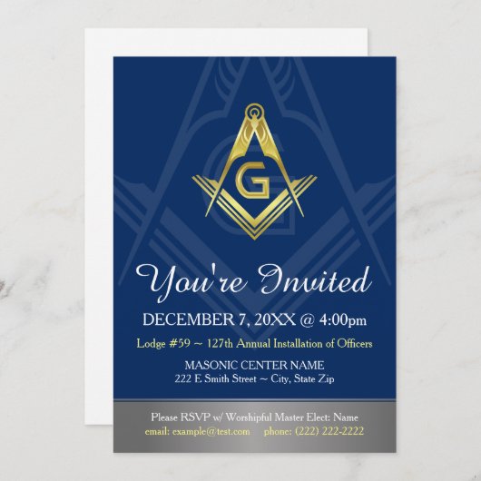 Navy Blue Gold Masonic Invitations | Freemasonie Kaart (Voorkant / Achterkant)