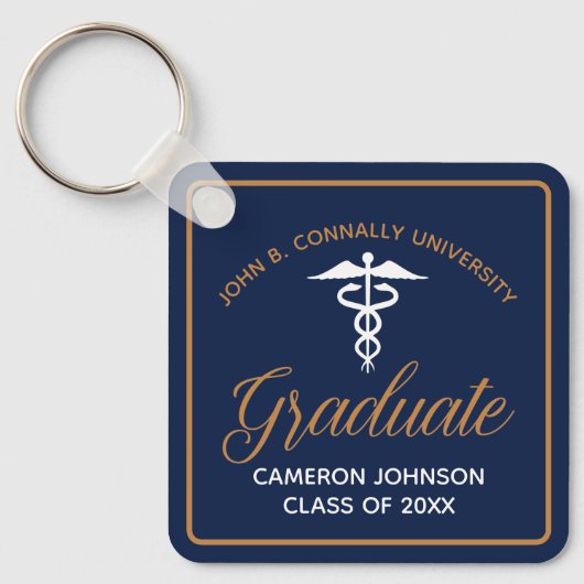 Navy Blue Gold Medische School Afstuderen Keepsake Sleutelhanger (Voorkant)