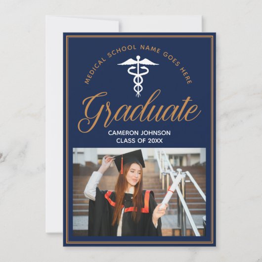 Navy Blue Gold Medische School Foto Afstuderen Aankondiging (Voorkant)