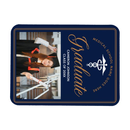 Navy Blue Gold Medische School Foto Afstuderen Magneet (Horizontaal)
