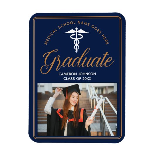 Navy Blue Gold Medische School Foto Afstuderen Magneet (Verticaal)