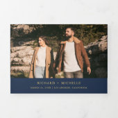 Navy Blue Gold Minimal Arch Photo QR code Wedding Drieluik Uitnodiging (Cover)