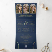 Navy Blue Gold Minimal Arch Photo QR code Wedding Drieluik Uitnodiging (Binnen)