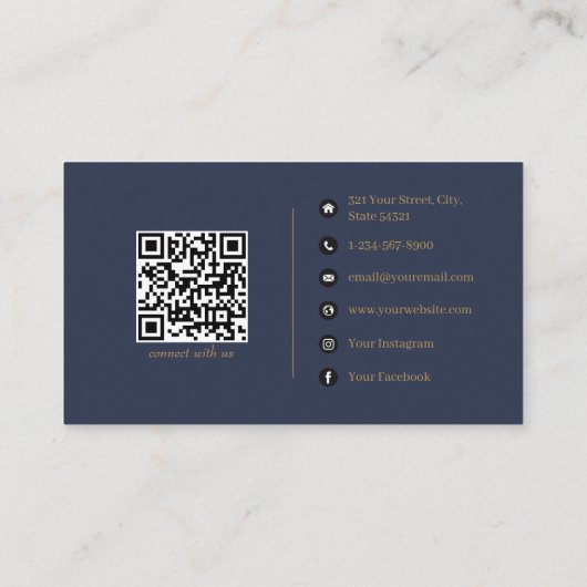 Navy Blue Gold Minimalist Social Media QR Code Visitekaartje (Achterkant)