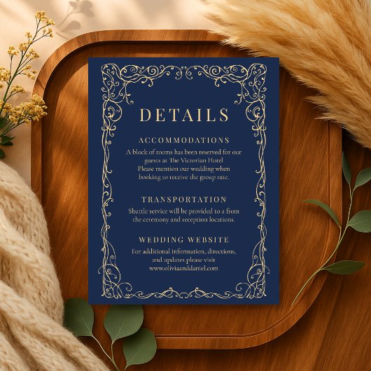 Navy Blue Gold Minimalist Wedding Details Kaart