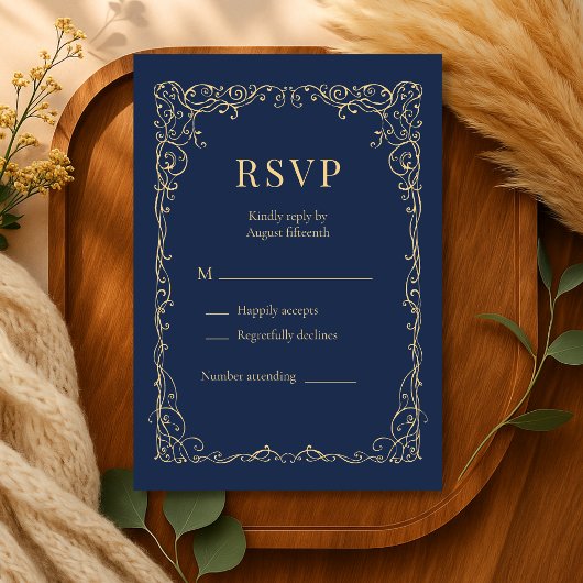 Navy Blue Gold Minimalist Wedding RSVP Kaartje