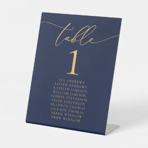 Navy Blue & Gold Minimalist Wedding Table Number Reclamebord Met Voetstuk
