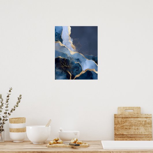 Navy Blue Gold Modern Abstract Flowers Wall Art Poster (Keuken)