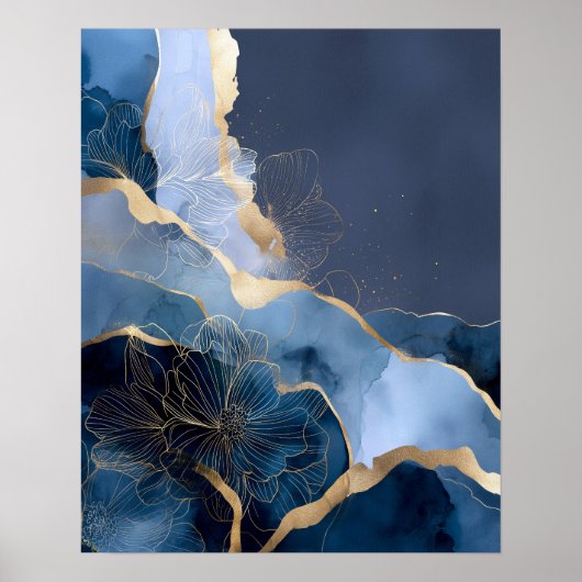 Navy Blue Gold Modern Abstract Flowers Wall Art Poster (Voorkant)