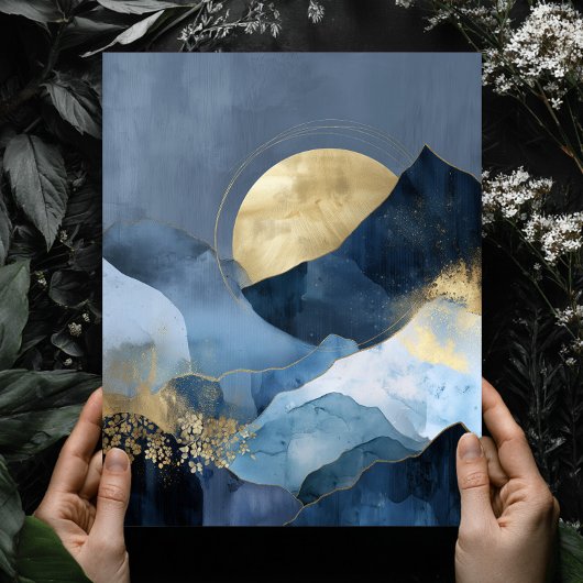 Navy Blue Gold Modern Abstract Landscape Wall Art Poster