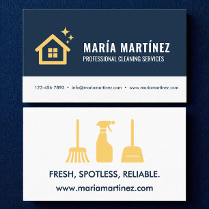 Navy Blue & Gold Modern Cleaning Services Logo Visitekaartje