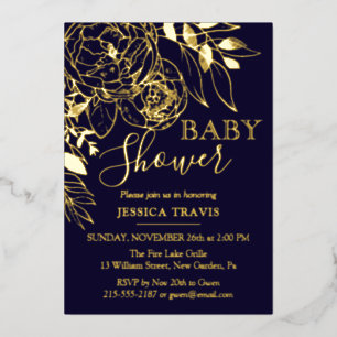 Navy Blue & Gold Modern Floral Baby shower Folie Uitnodiging