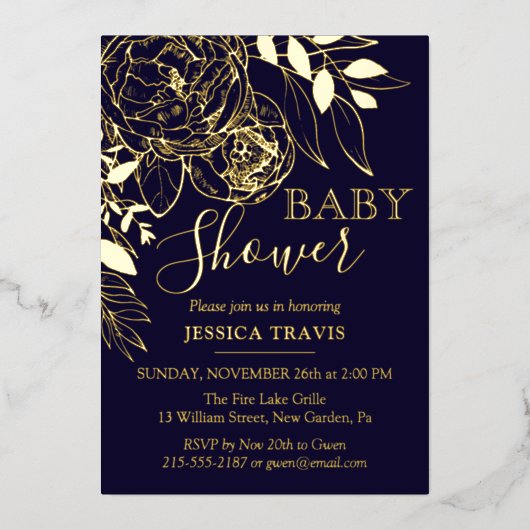 Navy Blue & Gold Modern Floral Baby shower Folie Uitnodiging (Voorkant)