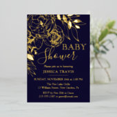 Navy Blue & Gold Modern Floral Baby shower Folie Uitnodiging (Staand Voorkant)
