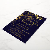 Navy Blue & Gold Modern Floral Baby shower Folie Uitnodiging (Gedraaid)