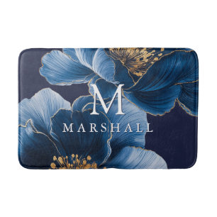 Navy Blue Gold Modern Floral Monogram Familienaam Badmat