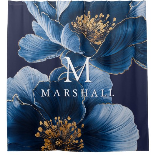 Navy Blue Gold Modern Floral Monogram Familienaam Douchegordijn (Voorkant)